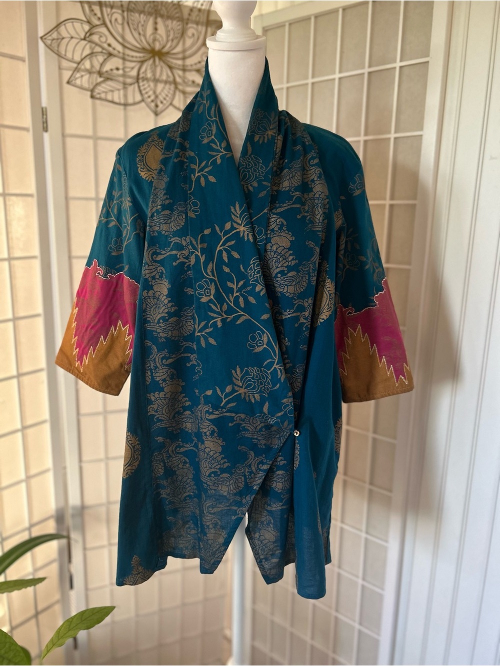 FLO Teal Floral Boho Kimono Jacket – Size 12